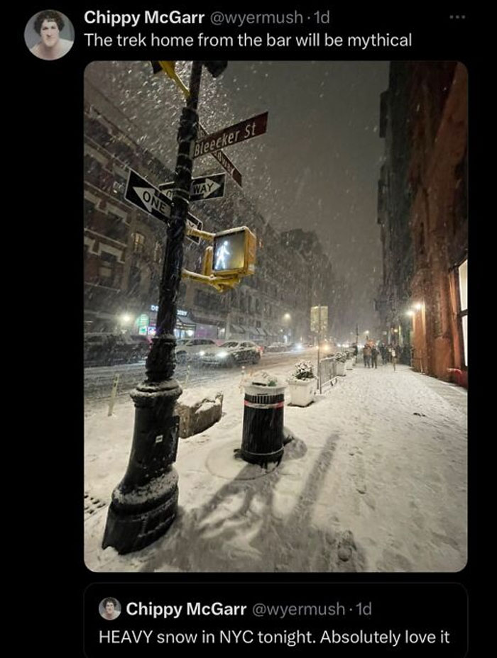 A social media post showing a snowy street in NYC at night, with street signs and a pedestrian signal visible, a hilarious meme for procrastinating.