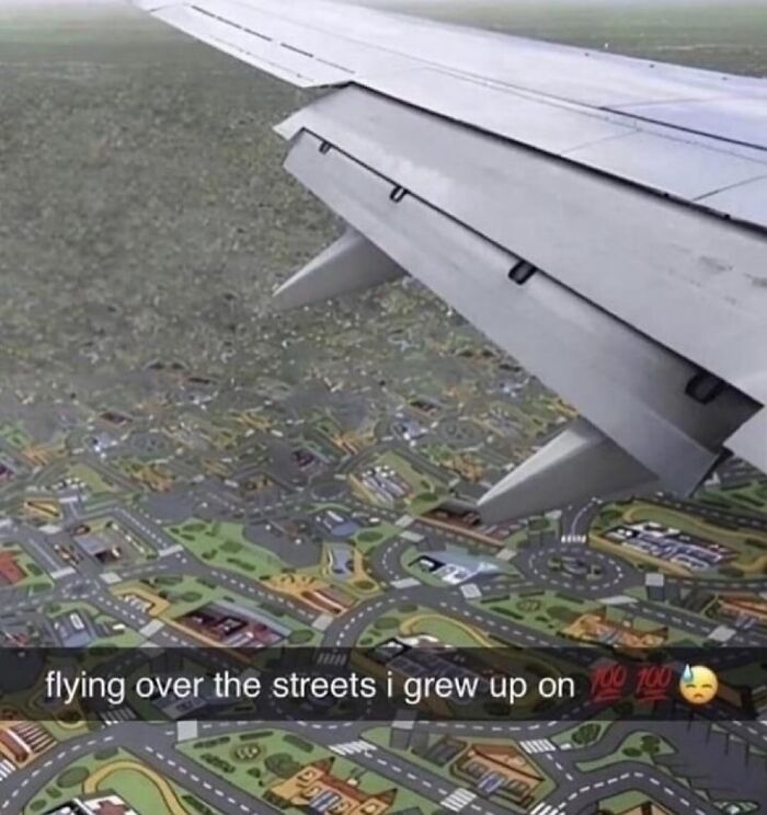 A hilarious meme from an airplane window showing a car mat as streets, ideal for procrastinating.