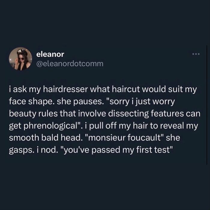 Hilarious meme tweet about a hairdresser and a bald head reveal, a test, offering humor for procrastinating.