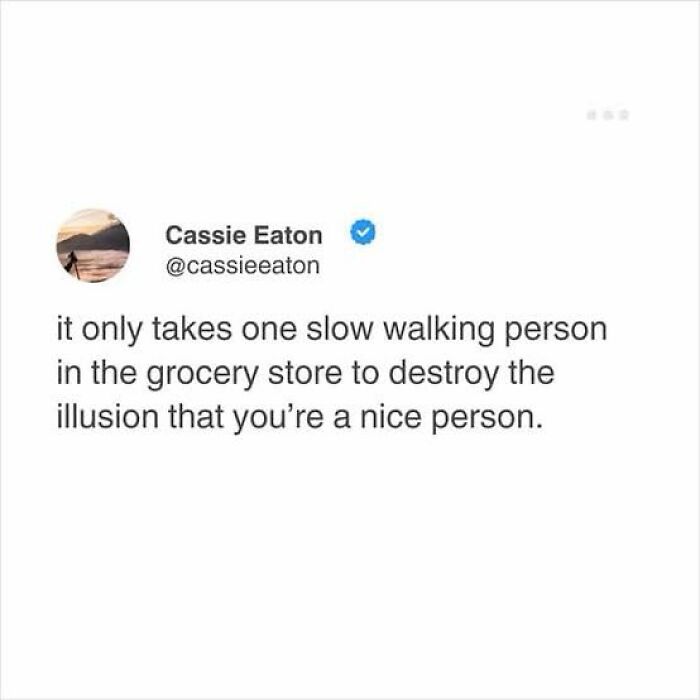 A screenshot of a tweet by Cassie Eaton about slow walkers in grocery stores, one of many hilarious memes for procrastinating.