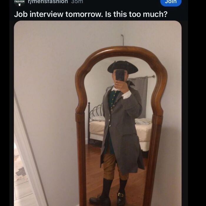 A person in a colonial-era outfit asks if it's too much for a job interview, one of the many hilarious memes.