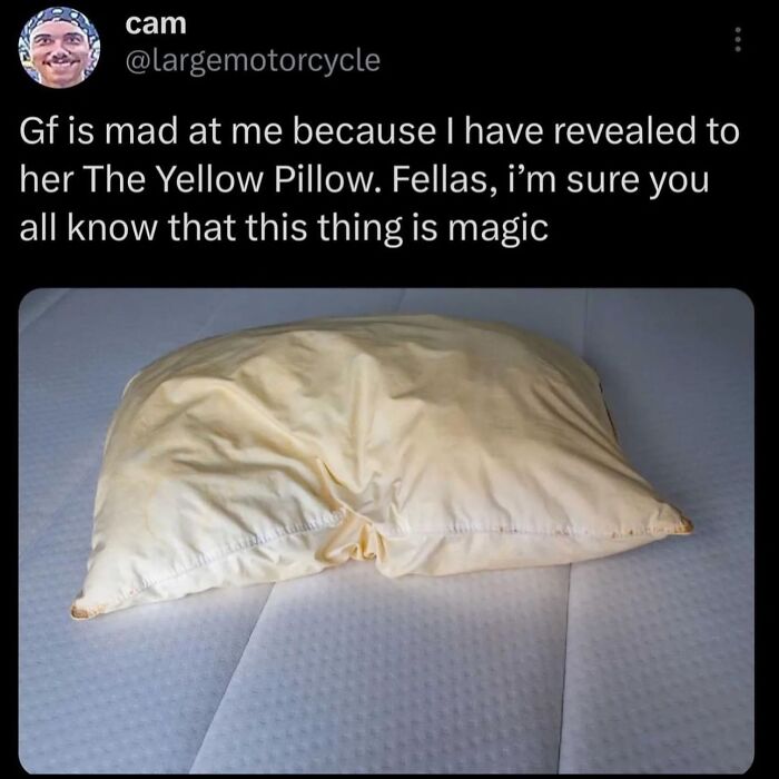 Hilarious memes: A tweet from cam with a yellow, stained pillow on a white mattress.