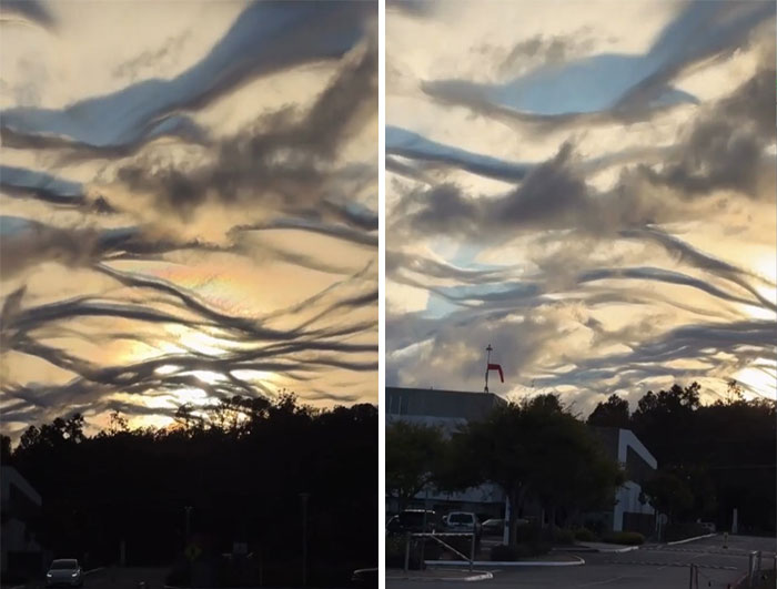 A captivating two-panel image showing unusual wavy clouds at sunset, making the day more interesting and unexpected.