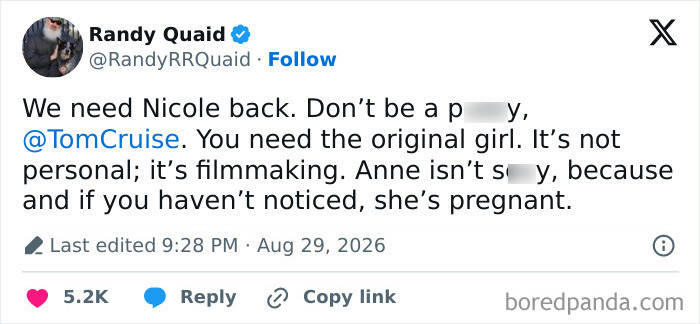 Randy Quaid's tweet, a bizarre rant calling for Nicole Kidman's return in Days of Thunder sequel. Randy Quaid's tweet, a bizarre rant calling for Nicole Kidman's return in Days of Thunder sequel.