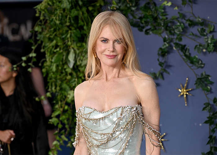 Nicole Kidman smiling on the red carpet, wearing a strapless gown with draped chains, highlighting the actress. Nicole Kidman smiling on the red carpet, wearing a strapless gown with draped chains, highlighting the actress.