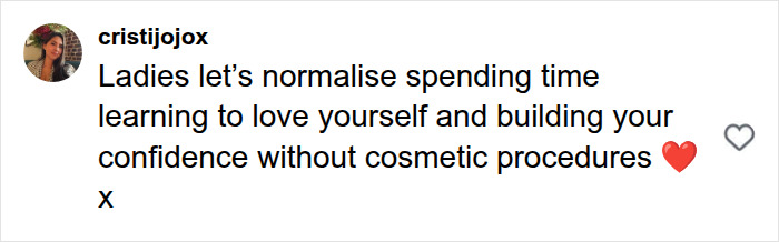 A social media comment from cristijojox encouraging self-love without cosmetic procedures, related to the fake freckle brand. A social media comment from cristijojox encouraging self-love without cosmetic procedures, related to the fake freckle brand.
