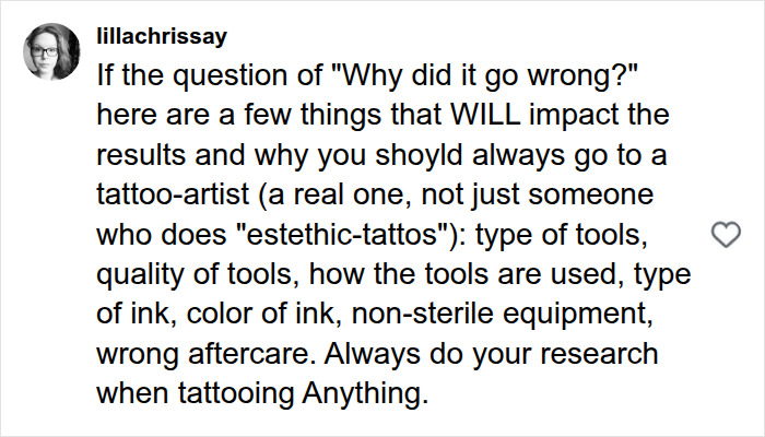 A comment on an Instagram post advising research before tattooing Anything to avoid scarring. A comment on an Instagram post advising research before tattooing Anything to avoid scarring.