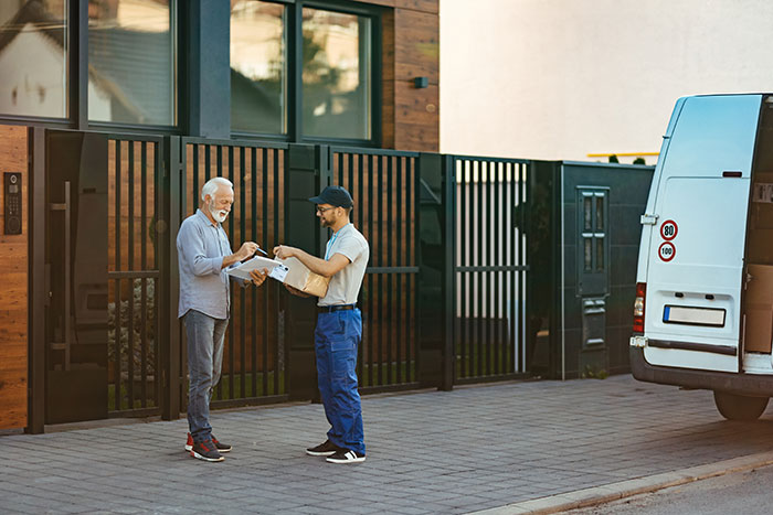 Elderly man receiving a package delivery in front of his home, free of HOA rules Elderly man receiving a package delivery in front of his home, free of HOA rules