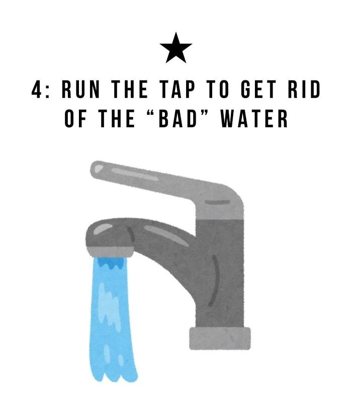 A neurodivergent meme illustrating a step to run the tap to get rid of bad water with an illustration of a faucet.