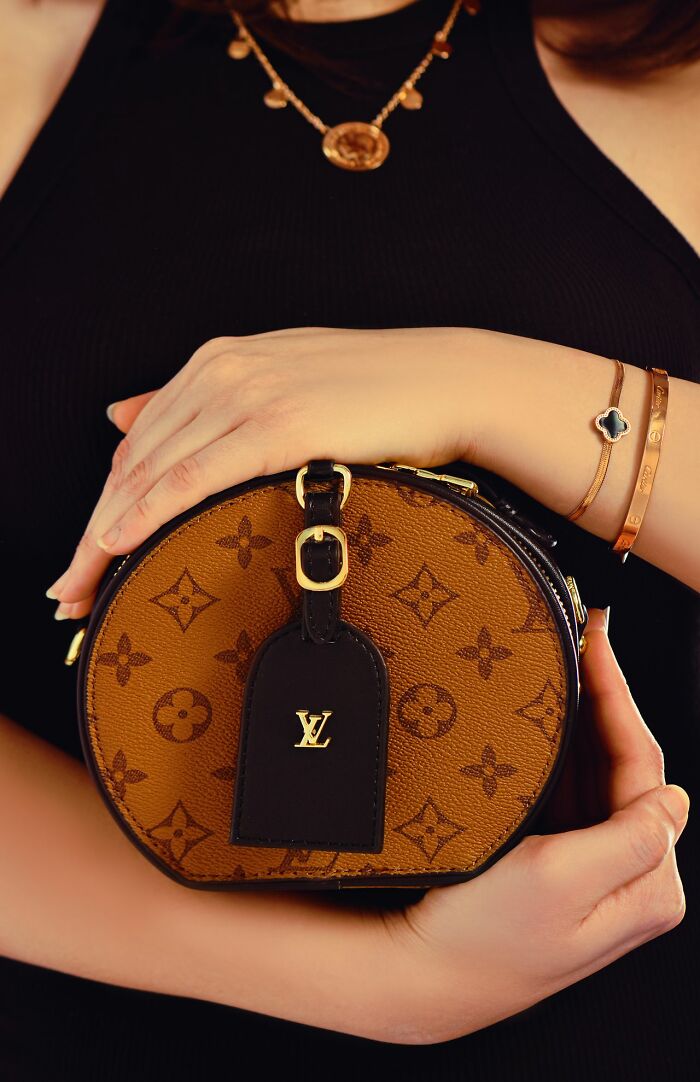 A woman holds a luxury Louis Vuitton round bag, adorned with a gold bracelet and necklace, highlighting rich moments.