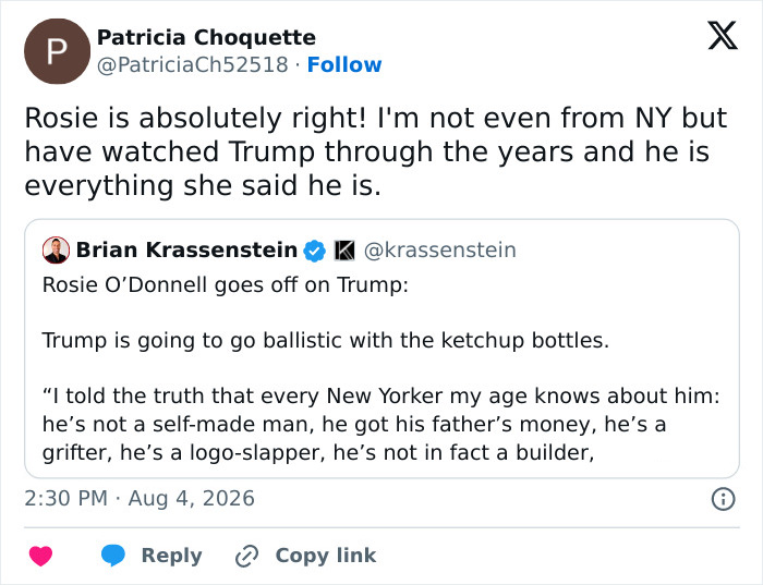 Screenshot of a tweet from Patricia Choquette supporting Rosie O'Donnell's comments on Trump.