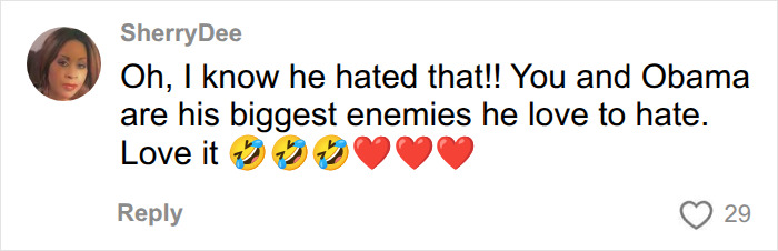 A user comment about someone hating Rosie O'Donnell and Obama, referring to Trump rumors, with laughing and heart emojis.