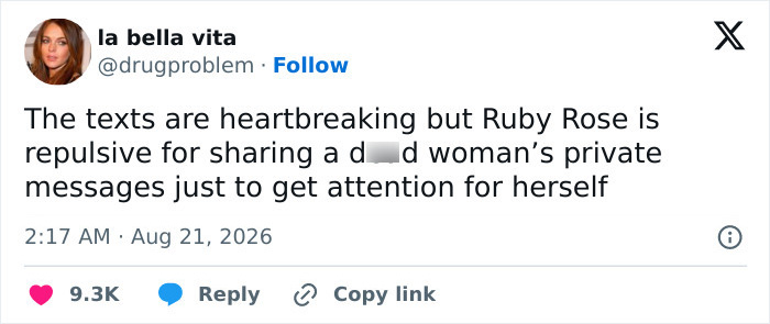 Tweet by la bella vita criticizing Ruby Rose as repulsive for sharing private texts. Tweet by la bella vita criticizing Ruby Rose as repulsive for sharing private texts.