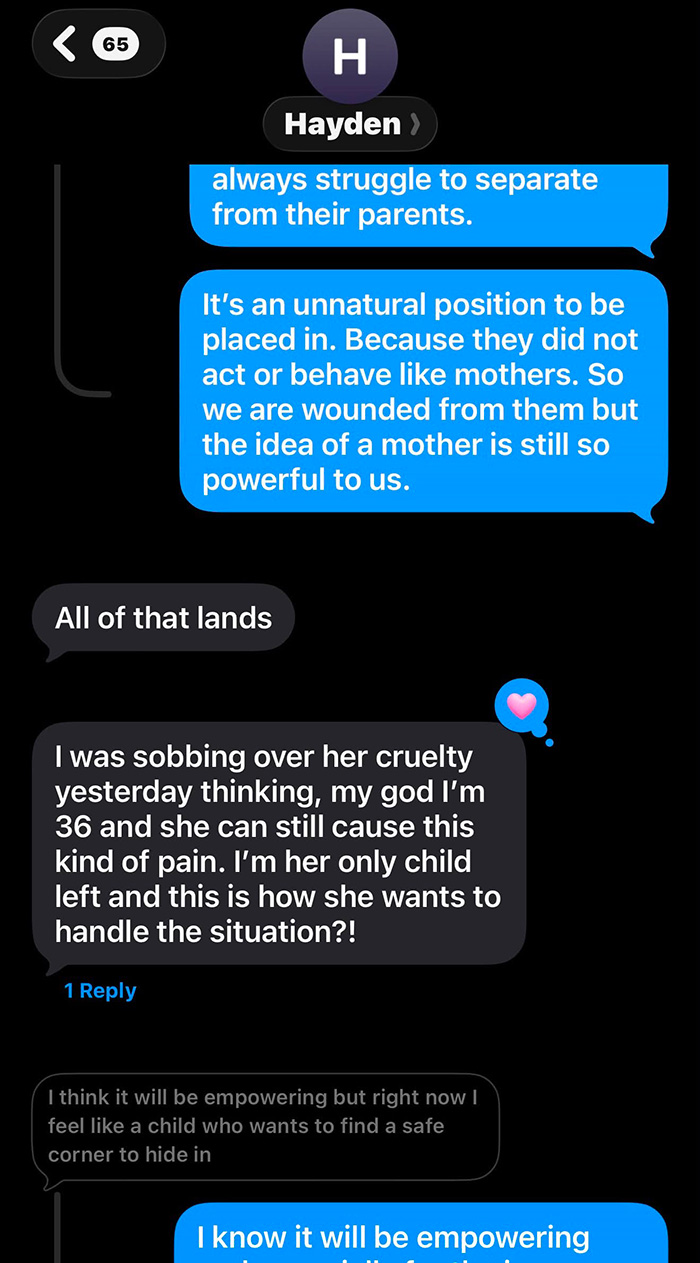 Screenshot of private texts from Hayden Panettiere, discussing emotional struggles. Screenshot of private texts from Hayden Panettiere, discussing emotional struggles.