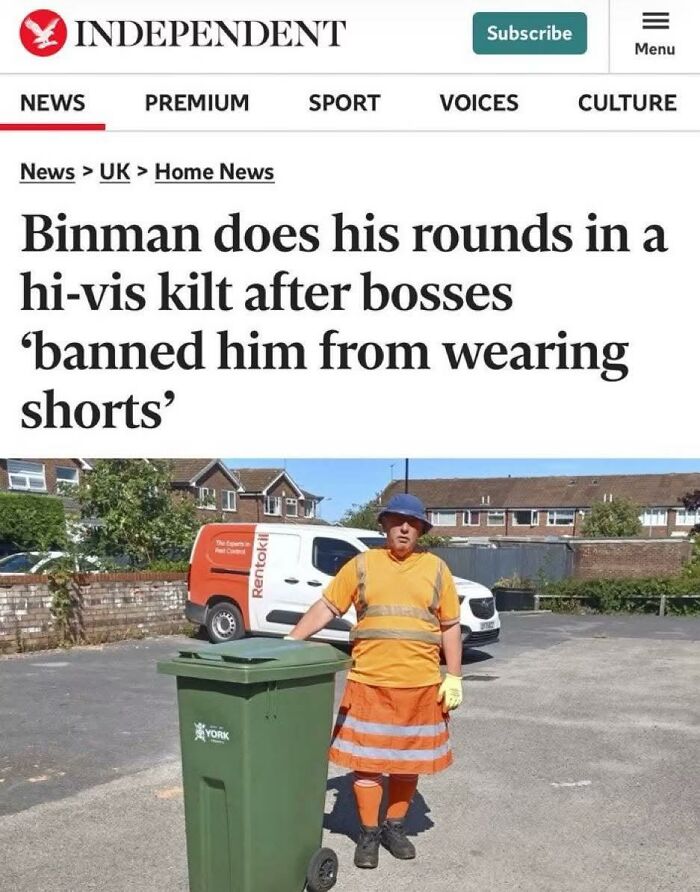 Newspaper headline and image of a binman in a hi-vis kilt, showcasing British humor.