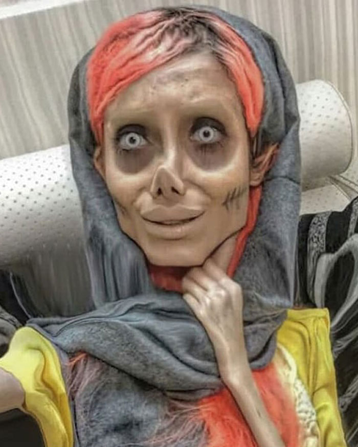 Iranian woman, the Zombie Angelina Jolie, wearing a headscarf, displaying her exaggerated facial features illusion.