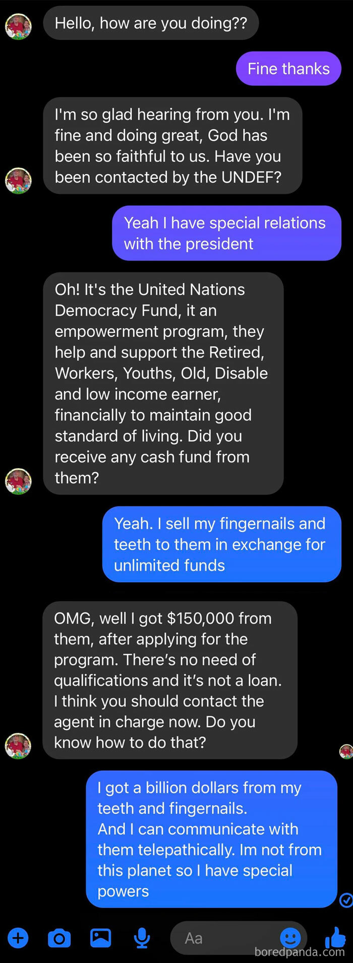A scammer tries to get someone to join a fake UN program but is met with hilarious, unbelievable claims.