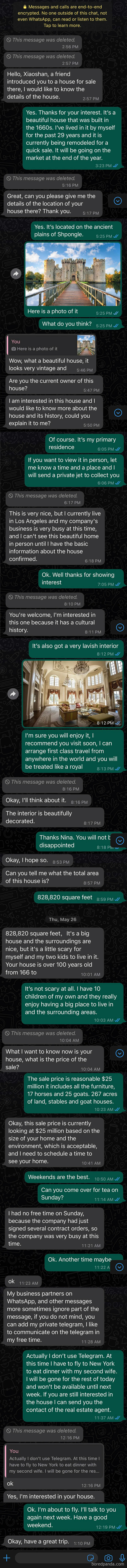 A long chat conversation with a scammer making rookie moves during a fake house sale.