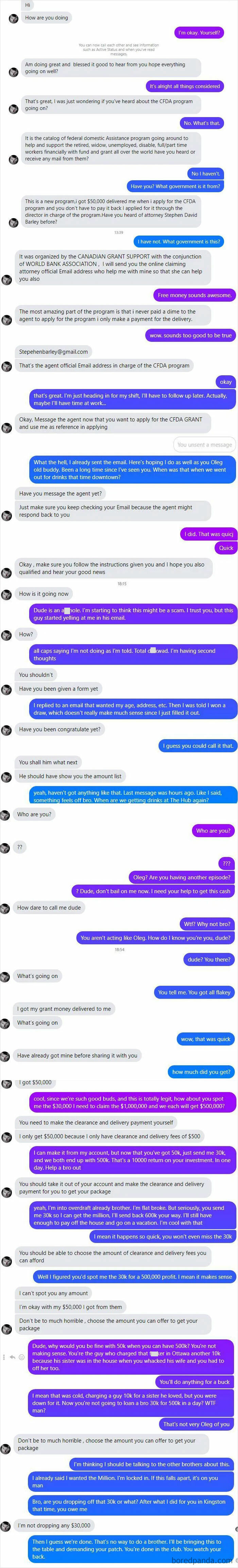 A text message conversation showing scammers making rookie moves, trying to get personal information for a grant.