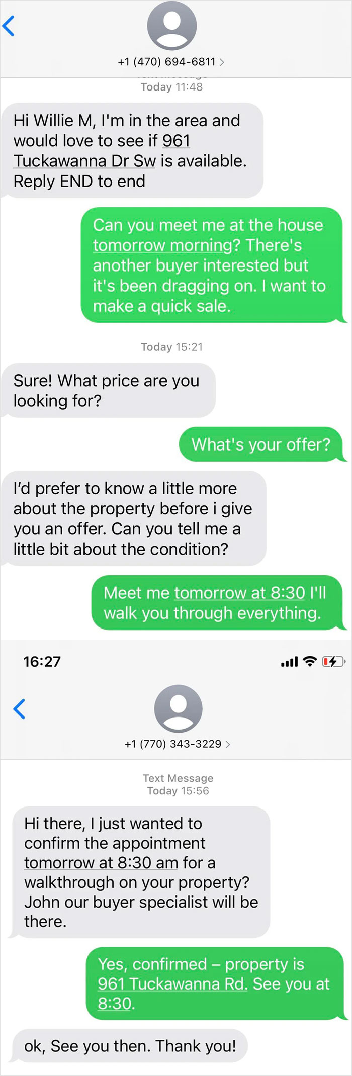 A text message exchange with a scammer trying to sell a property, a classic rookie move by the wrong person.