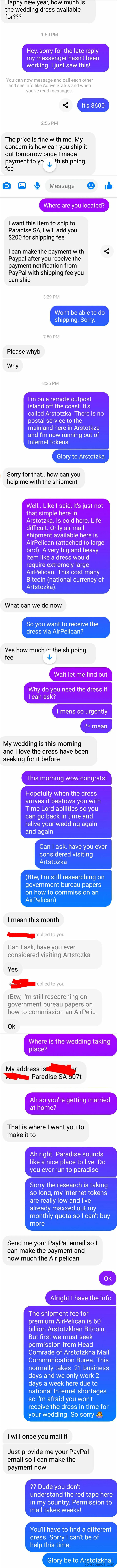 A scammer texting someone about a wedding dress payment, showcasing a rookie move against the wrong person.