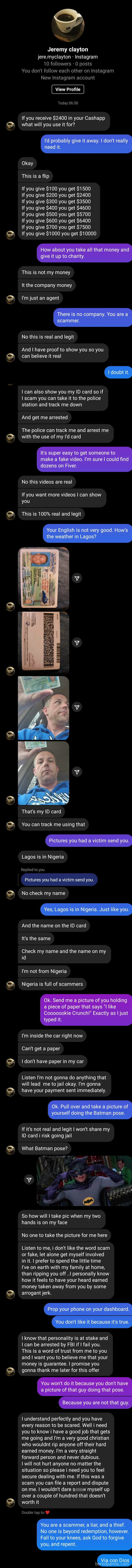 A chat conversation showcasing a scammer's rookie moves and failed attempts.