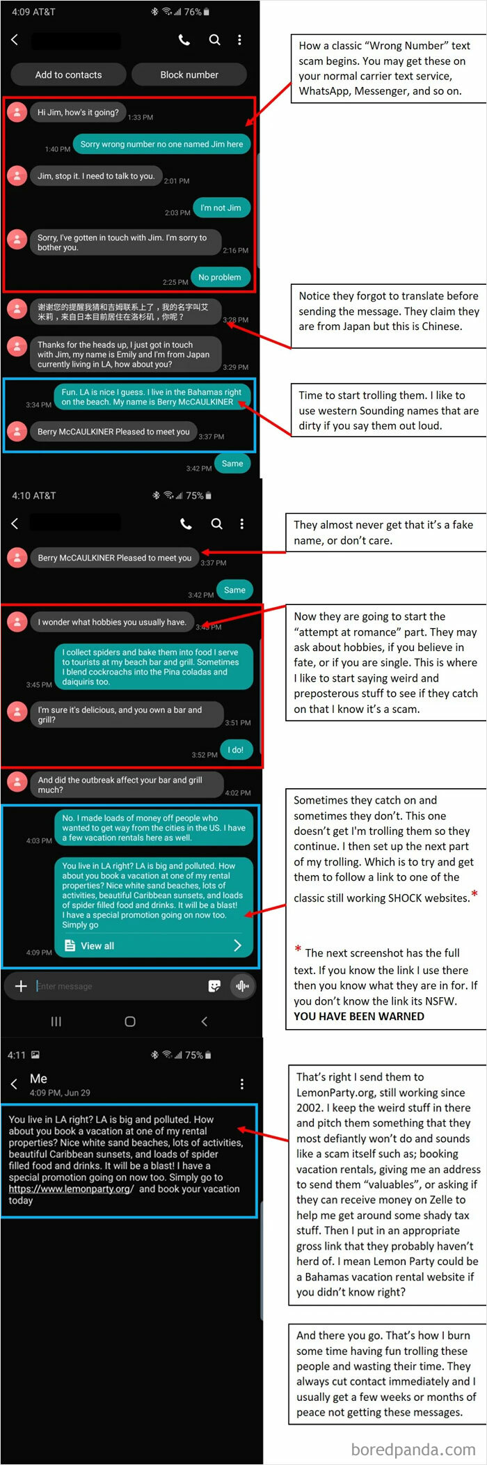 A long chat conversation with various scammers making rookie moves.