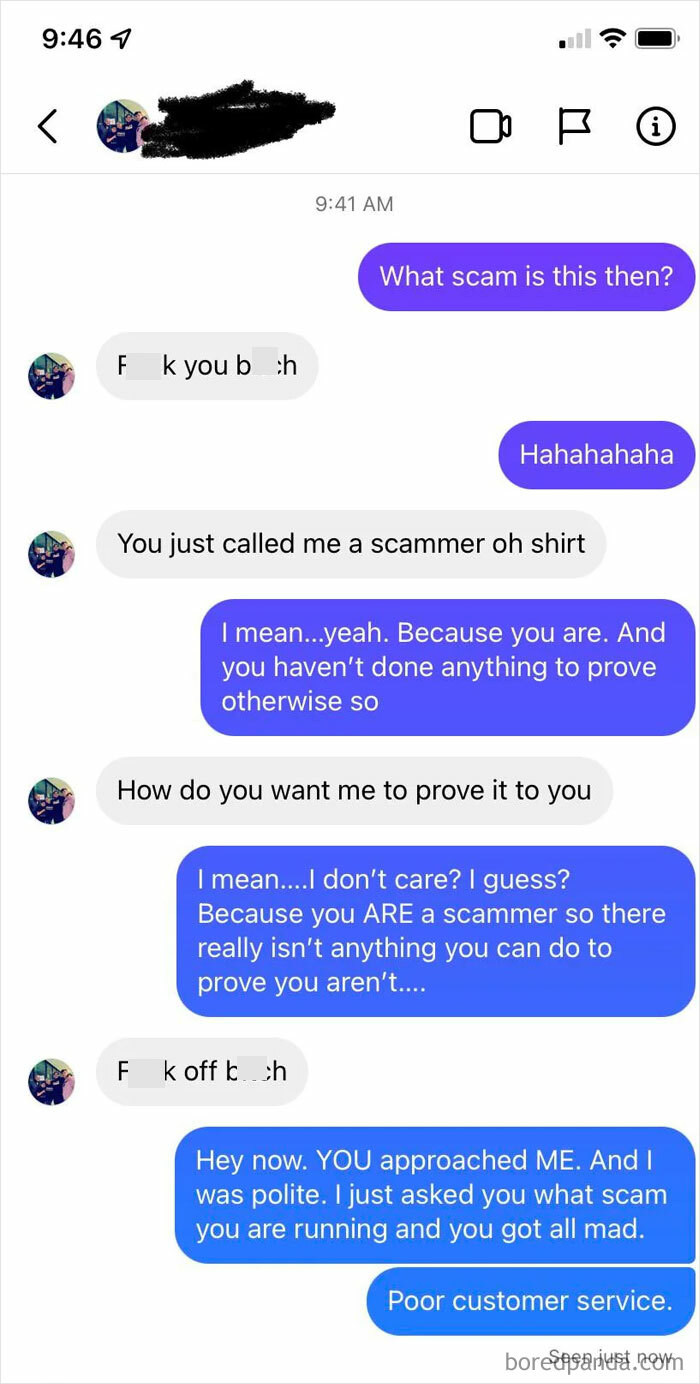 A chat conversation where a scammer gets called out for a rookie move.