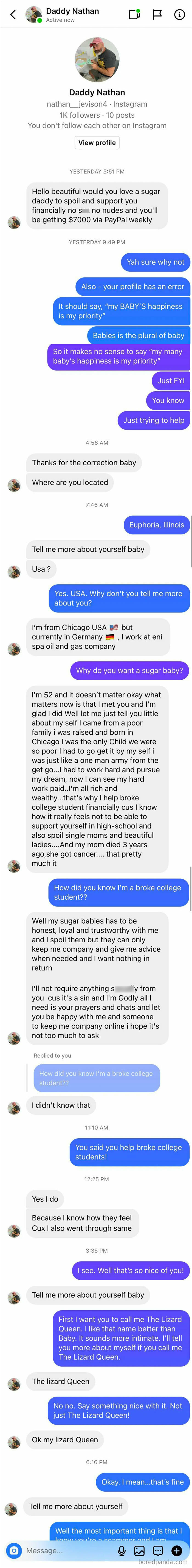 A screenshot of a text message conversation with a scammer on Instagram, revealing their 'rookie move'.