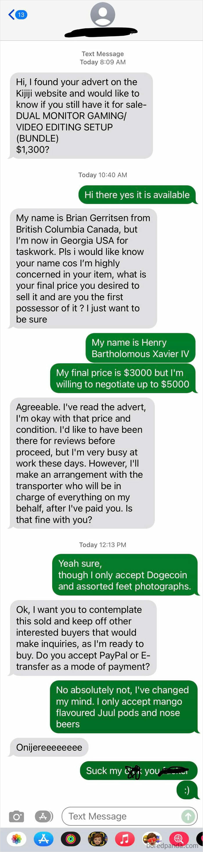A screenshot of a text message conversation where a scammer tries to buy a gaming setup.