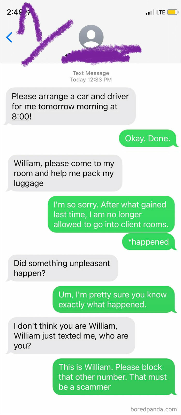 A screenshot of a text message conversation where a scammer is caught in a rookie move.