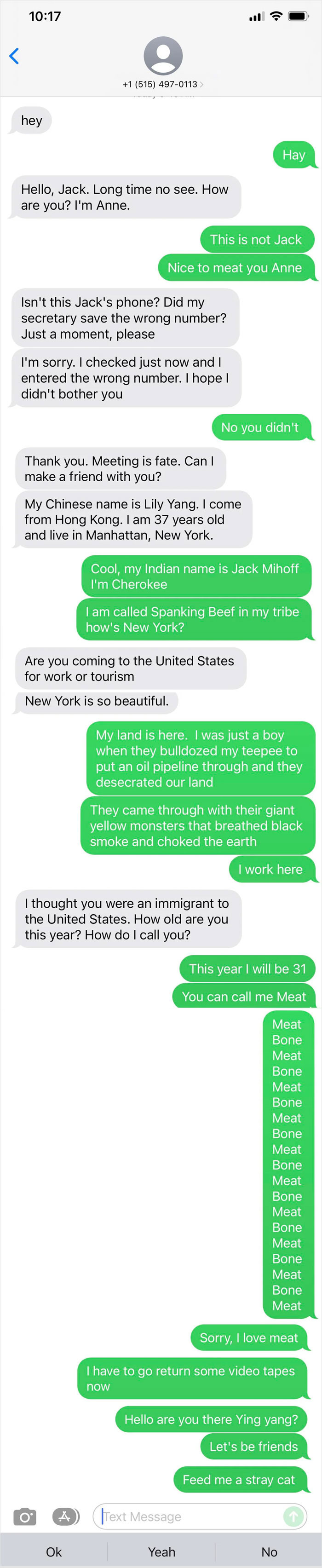 A screenshot of a humorous exchange with a scammer who is messing with the wrong person.