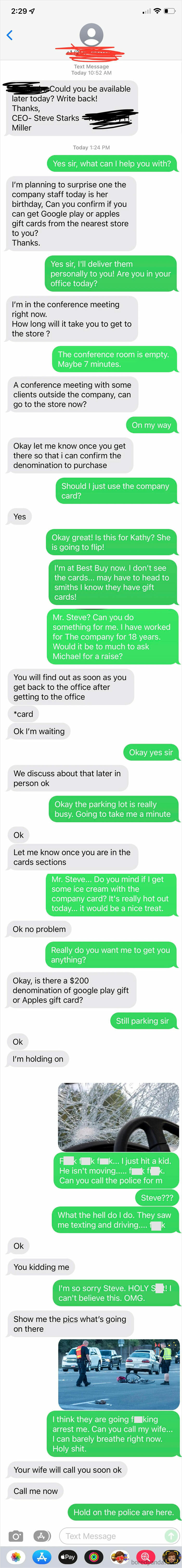 A screenshot showing a scammer trying to trick someone into buying gift cards.