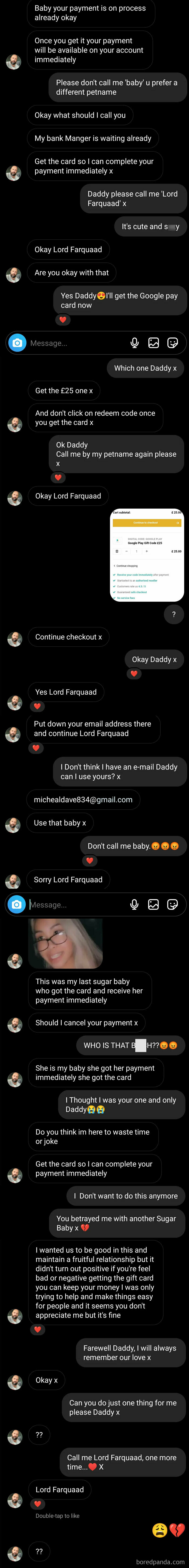 A long text conversation shows someone playfully messing with scammers by demanding they call him Lord Farquaad, leading to funny outcomes.