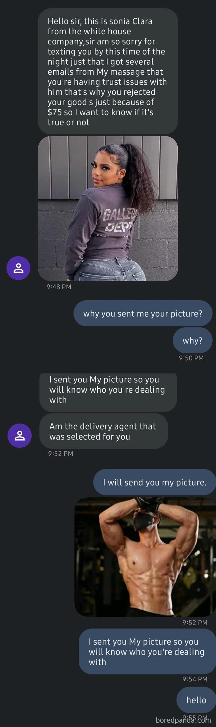 A screenshot of a text message exchange where a scammer is hilariously trolled with a picture.