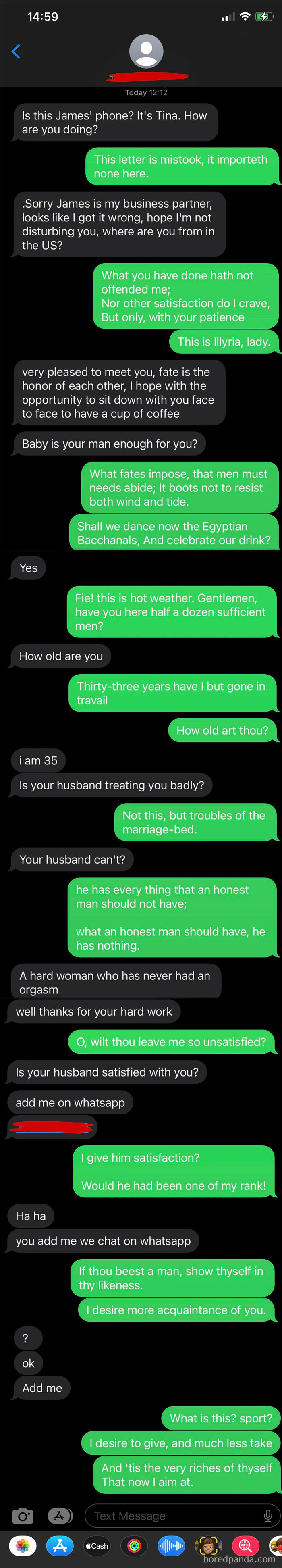 Scammers mess with the wrong person, hilariously using Elizabethan English in a text scam.