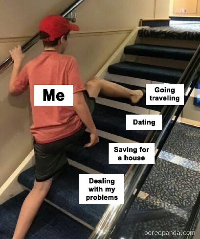 Funny travel meme depicting a person struggling up stairs labeled with life responsibilities, postponing their vacay.