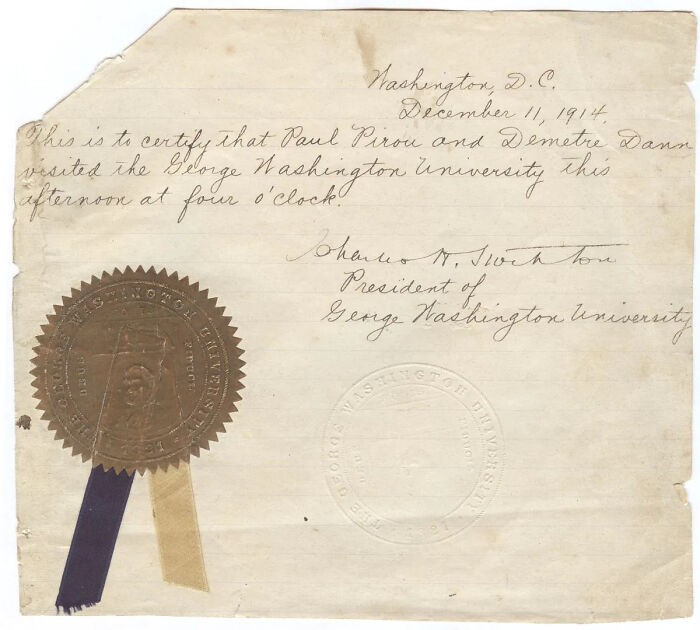 A historical document from George Washington University, certifying a visit in 1914, part of documents sold for millions.