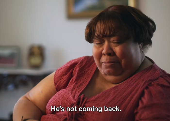 Woman tearfully says He's not coming back, reflecting the pain from a serial criminal's actions.