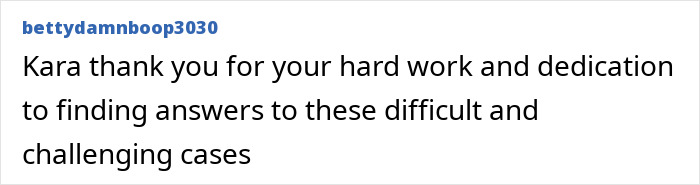 A comment praising Kara for her hard work and dedication in solving challenging cases, related to serial criminal investigations.