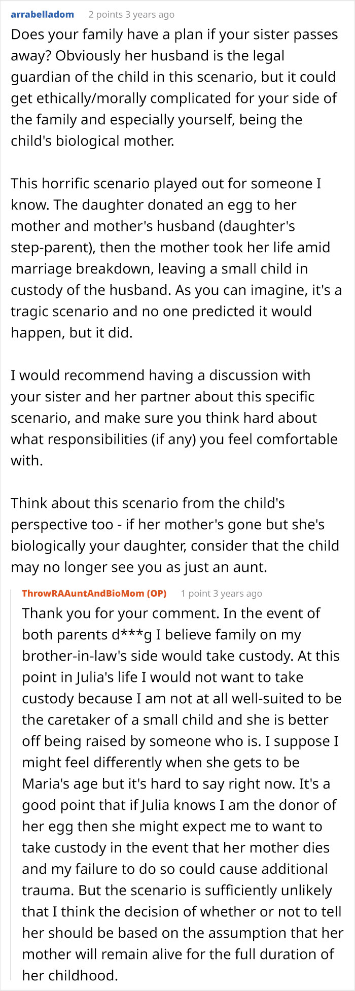 A screenshot of a Reddit comment discussing the scenario where a woman helps her sister have a baby. A screenshot of a Reddit comment discussing the scenario where a woman helps her sister have a baby.