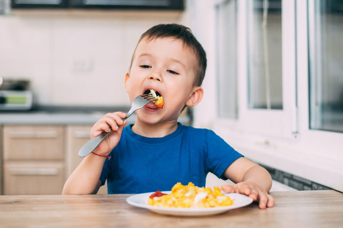 A young boy with a blue shirt happily eating scrambled eggs with a fork, representing a son's allergy. A young boy with a blue shirt happily eating scrambled eggs with a fork, representing a son's allergy.