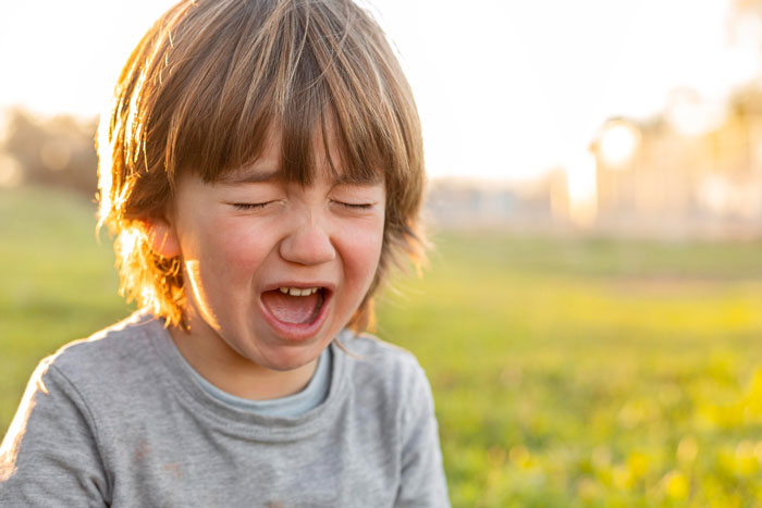 A young boy crying with eyes shut, possibly from an allergic reaction triggered by his aunt. A young boy crying with eyes shut, possibly from an allergic reaction triggered by his aunt.