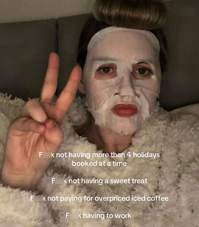 A woman in a face mask making a peace sign, listing her reasons for not having kids, including travel and treats. A woman in a face mask making a peace sign, listing her reasons for not having kids, including travel and treats.