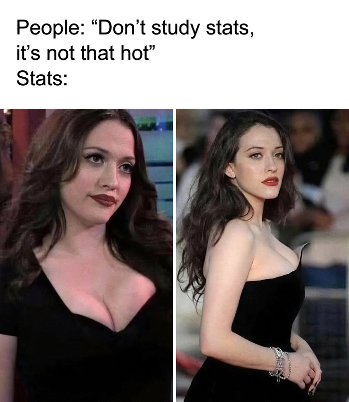 A funny stats meme depicting Kat Dennings illustrating the appeal of studying statistics.