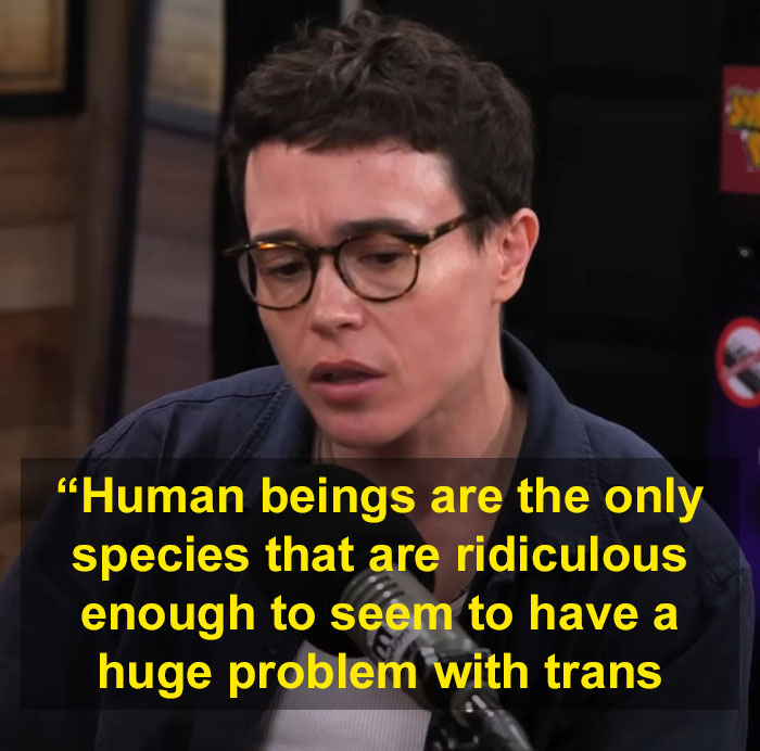 Elliot Page speaking on camera, with a quote about human beings and trans people overlayed, fueling controversy.