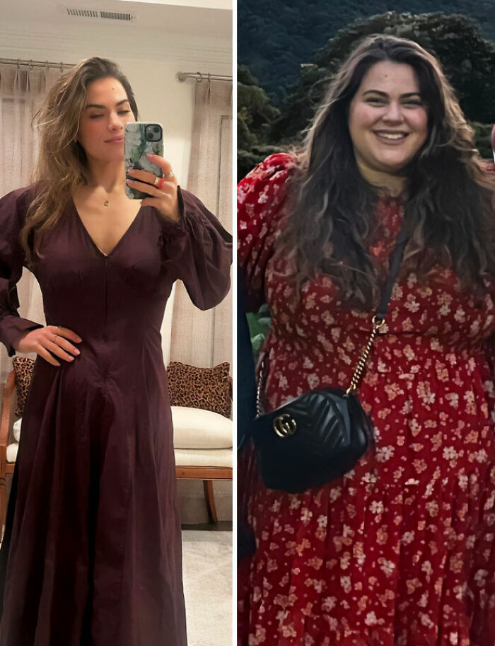 Before and after photo of a woman in a purple dress and a woman in a red floral dress, highlighting incredible accomplishments in personal transformation.