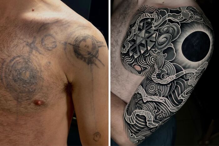 An old, faded shoulder tattoo of geometric shapes and circles transformed into a large, intricate black and white sleeve tattoo cover-up.