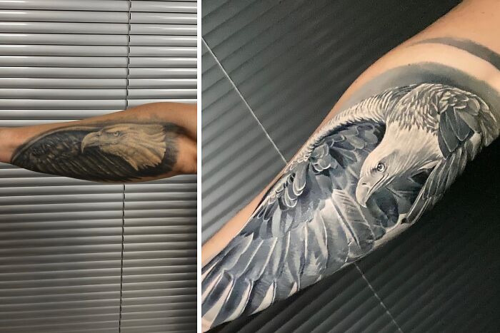 Before and after of an eagle tattoo: a faded, simple eagle transformed into a highly detailed, realistic eagle with outstretched wings as a tattoo cover-up.