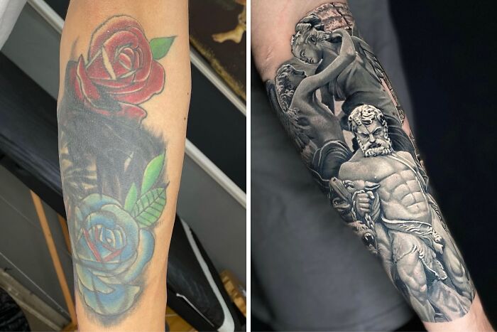 A before and after image showing an old rose tattoo regret transformed into an incredible cover-up with intricate Greek statues.